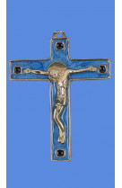 Croix bronze christ carre fond nacre bleu